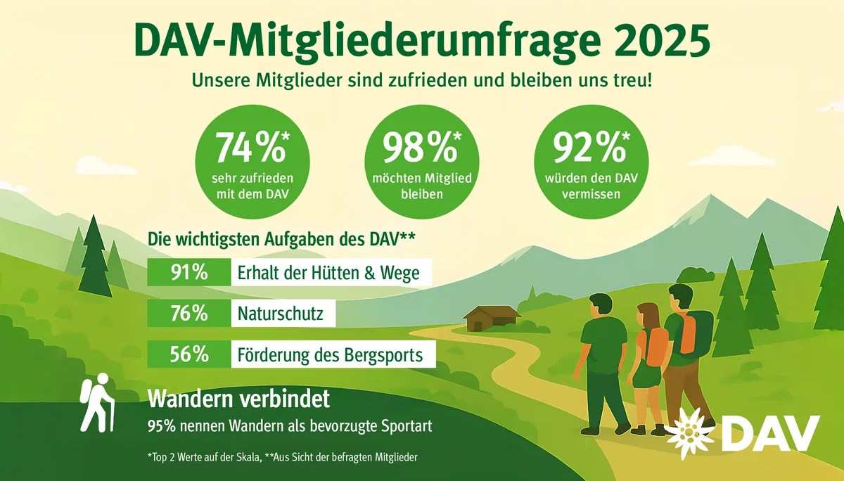 Grafik der Mitgliederumfrage: 74 % sind sehr zufrieden mit dem DAV, 98 % möchten Mitglied beim DAV bleiben | © DAV